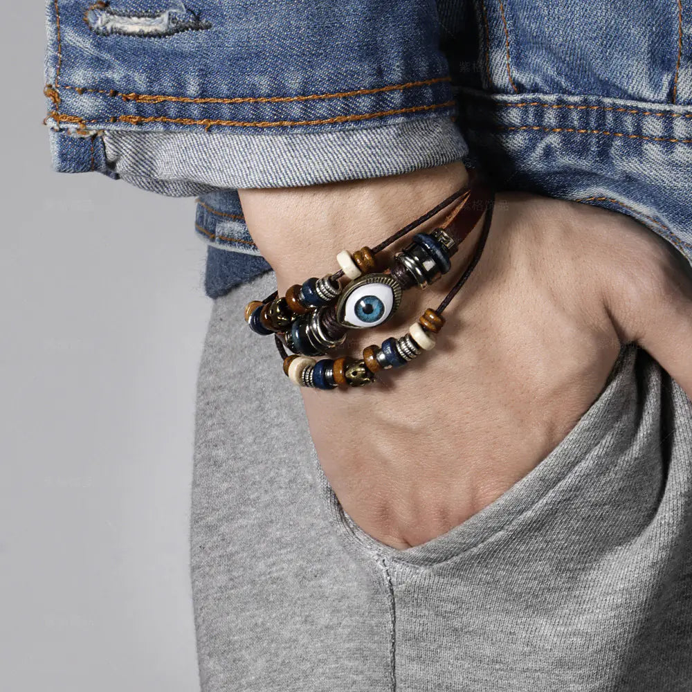 4OEBP - Adjustable Multi-layer Beaded Cowhide Leather Bracelet