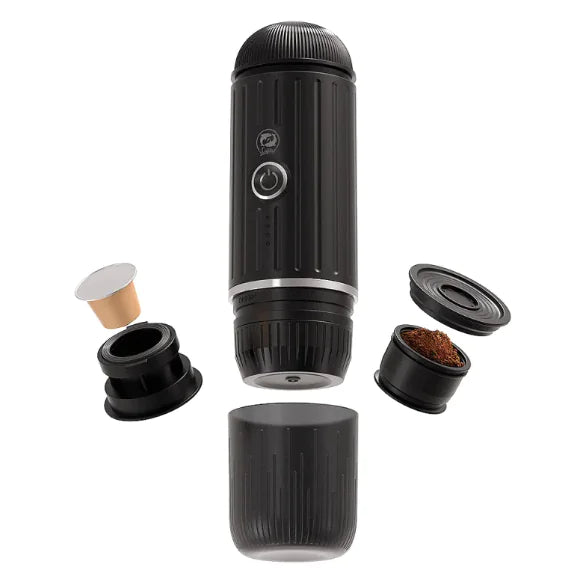 Black portable coffee maker with components on a white background