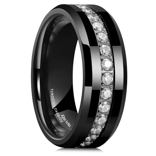 Black tungsten carbide ring with diamond accents on a white background