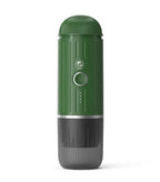Green and gray cylindrical device with a logo on a white background