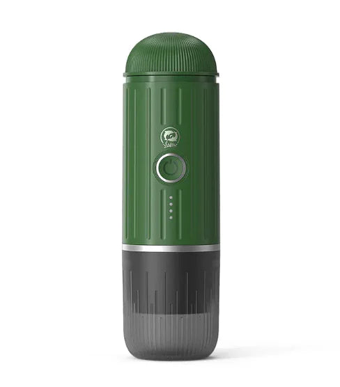 Green and gray cylindrical device with a logo on a white background