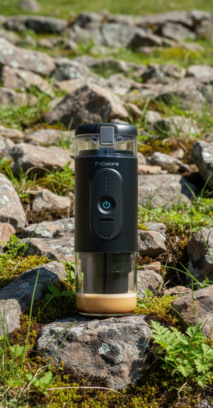 Black portable coffee maker on a rocky outdoor surface