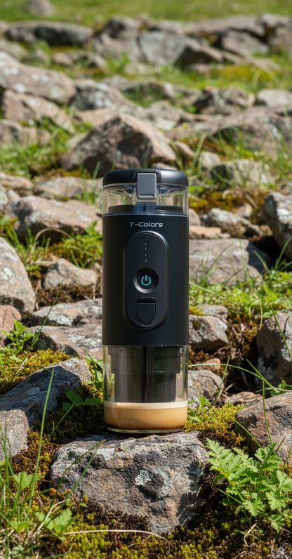 Black portable coffee maker on a rocky outdoor surface