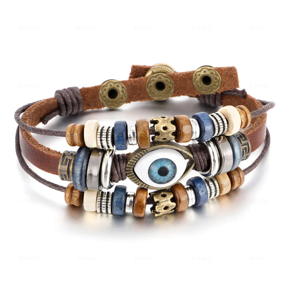 4OEBP - Adjustable Multi-layer Beaded Cowhide Leather Bracelet
